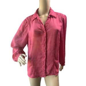 Women Hot Pink Plaid Long Sleeve Collared Button Up Top 1X Lightweight Minimalis
